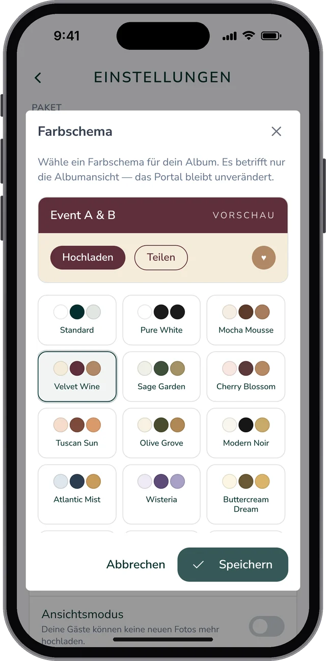 Dialog Farbschema in den Einstellungen mit Vorschau und Paletten