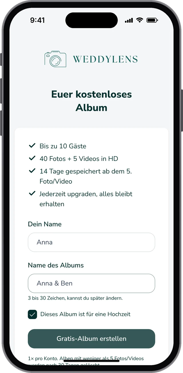 Gratis-Album anlegen: eigener Name und Name des Albums