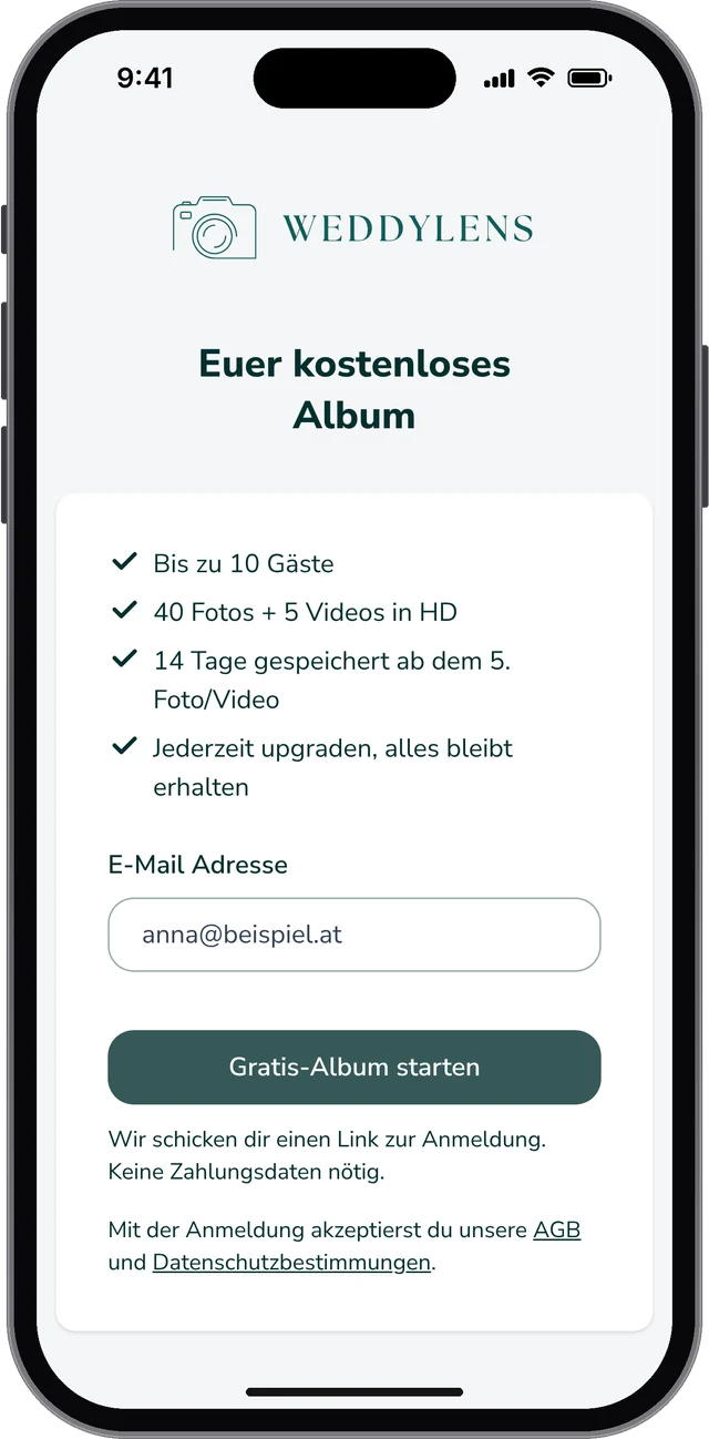 Gratis-Album starten: Leistungen und E-Mail-Adresse