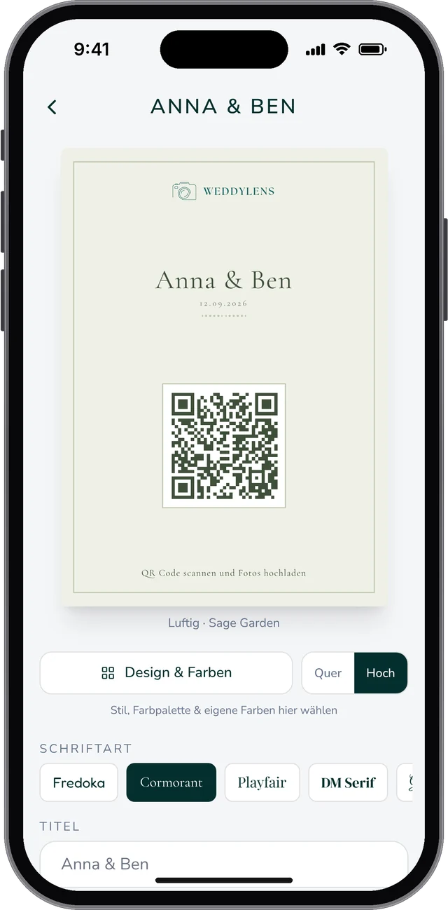 QR-Karten Designer mit Vorschau, Schrift, Titel und Untertitel